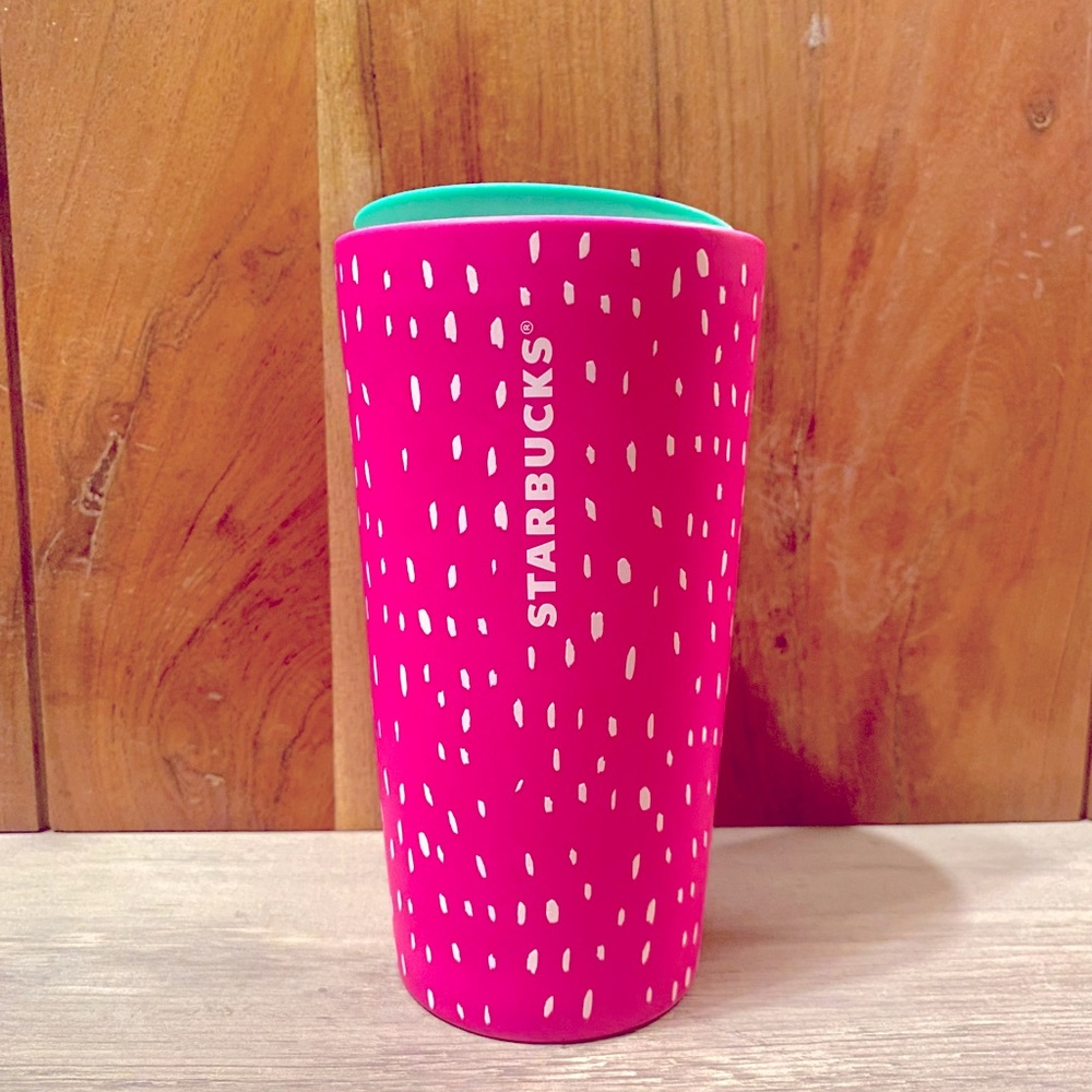 STARBUCKS Neon Pink Watermelon Strawberry Dots Ceramic Travel Tumbler 12oz